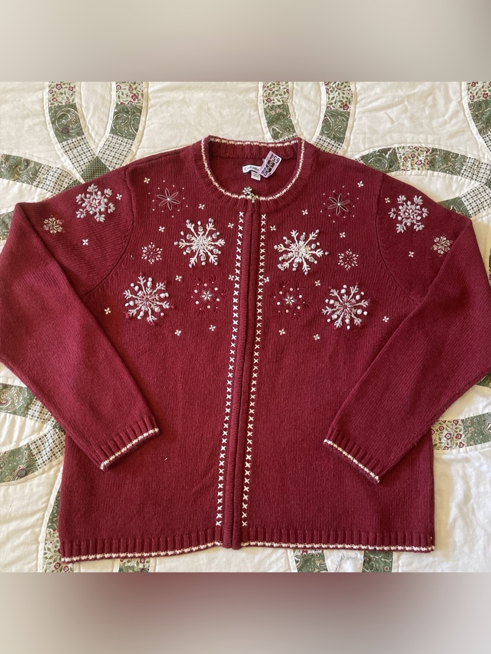 Vintage Croft & Barrow Embroidered Red Zip Up Sweater Snowflakes Christmas Large